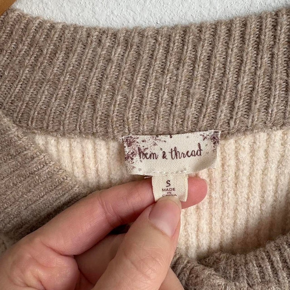 Hem & Thread Colorblock Ribbed Cardigan Sweater Cream Taupe Small Raglan Sleeve - Picture 7 of 8